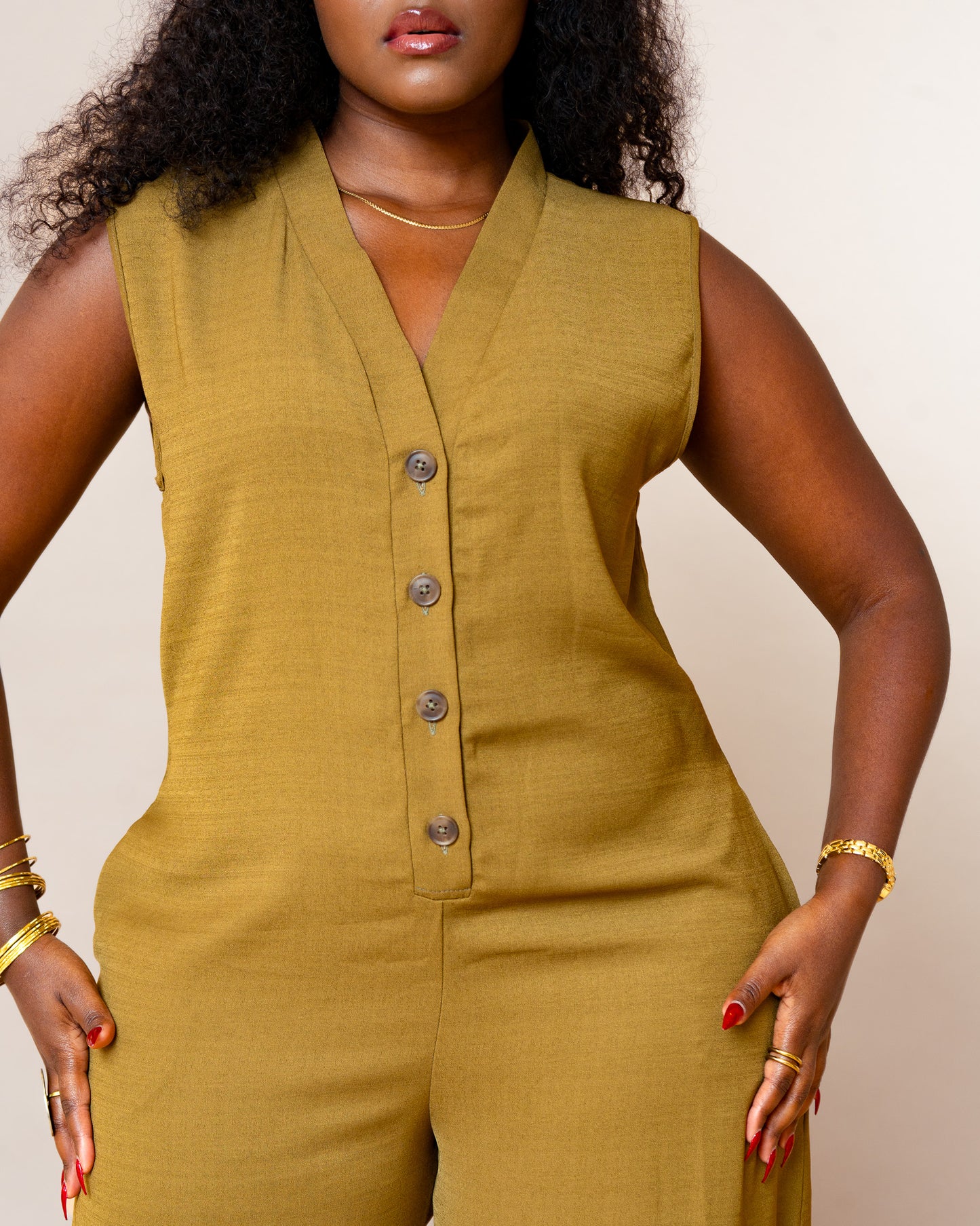 Button Front Wide Leg Jumpsuit - Olive