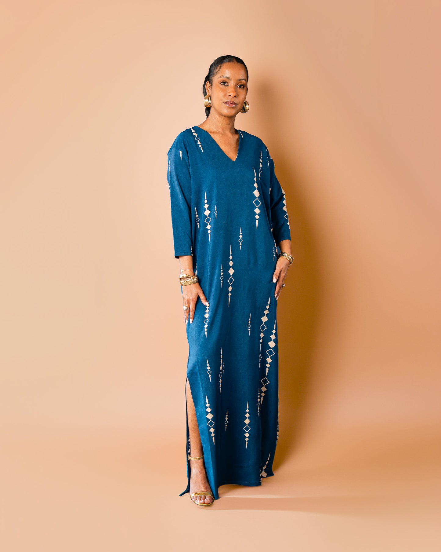 Belted Maxi Kaftan - Teal Geometric
