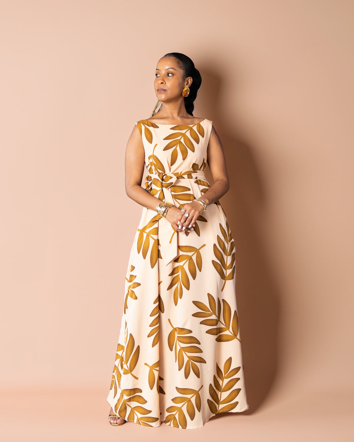 Sleeveless Boat Neck Maxi Dress - Botanical Brown