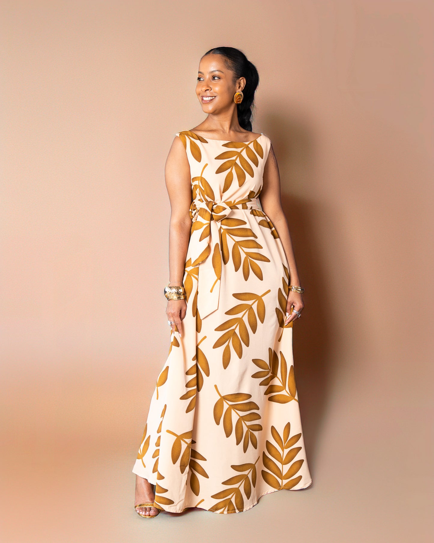Sleeveless Boat Neck Maxi Dress - Botanical Brown