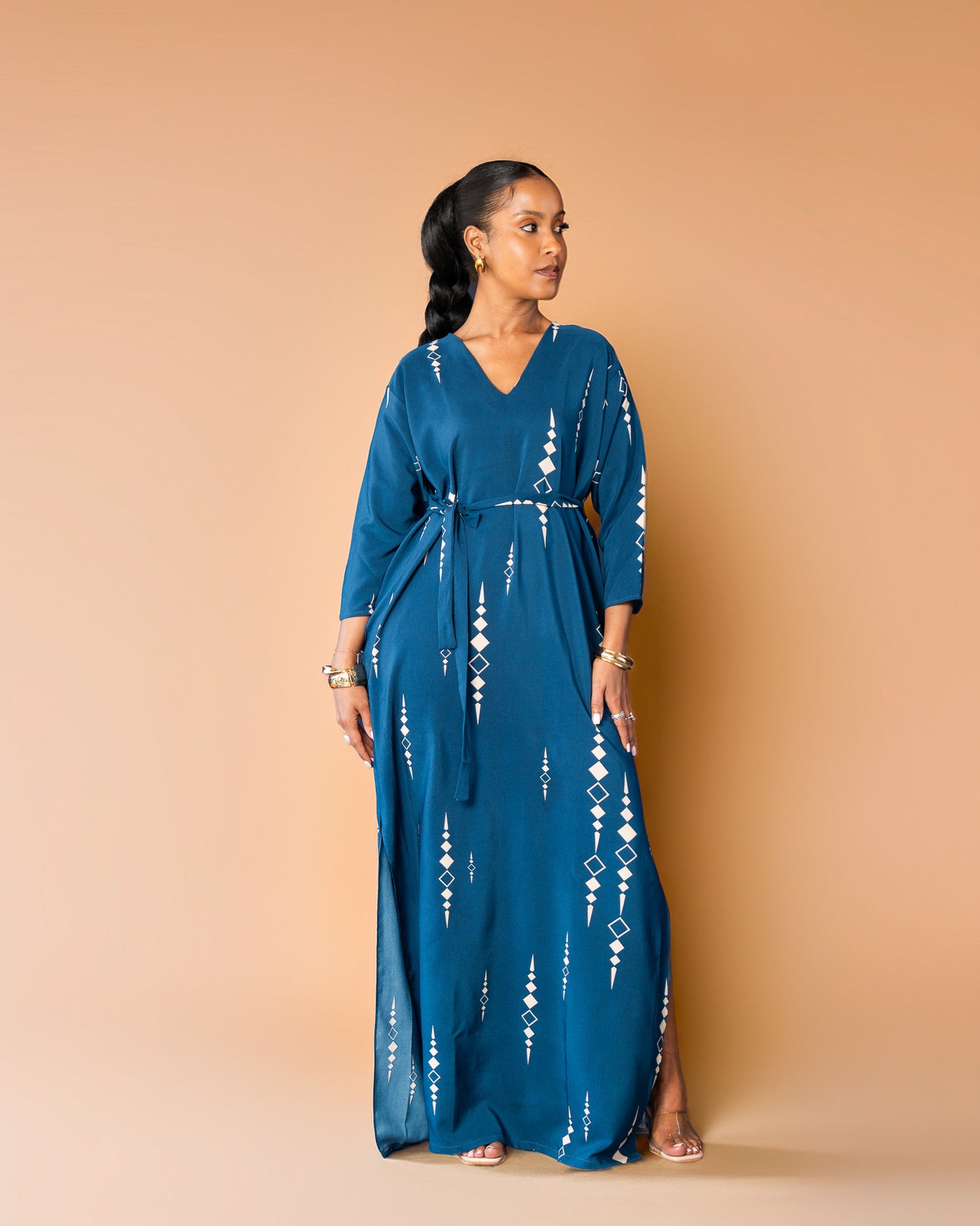 Belted Maxi Kaftan - Teal Geometric