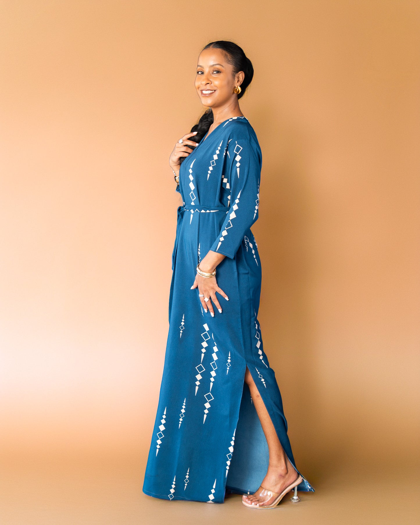 Belted Maxi Kaftan - Teal Geometric