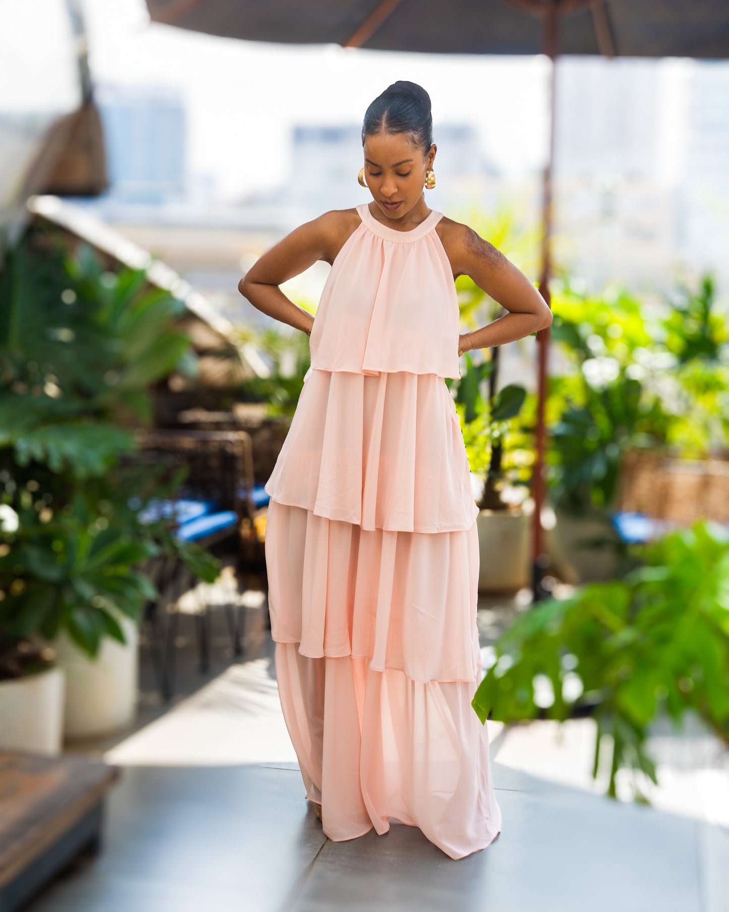 Layered Halter Maxi Dress - Baby Pink