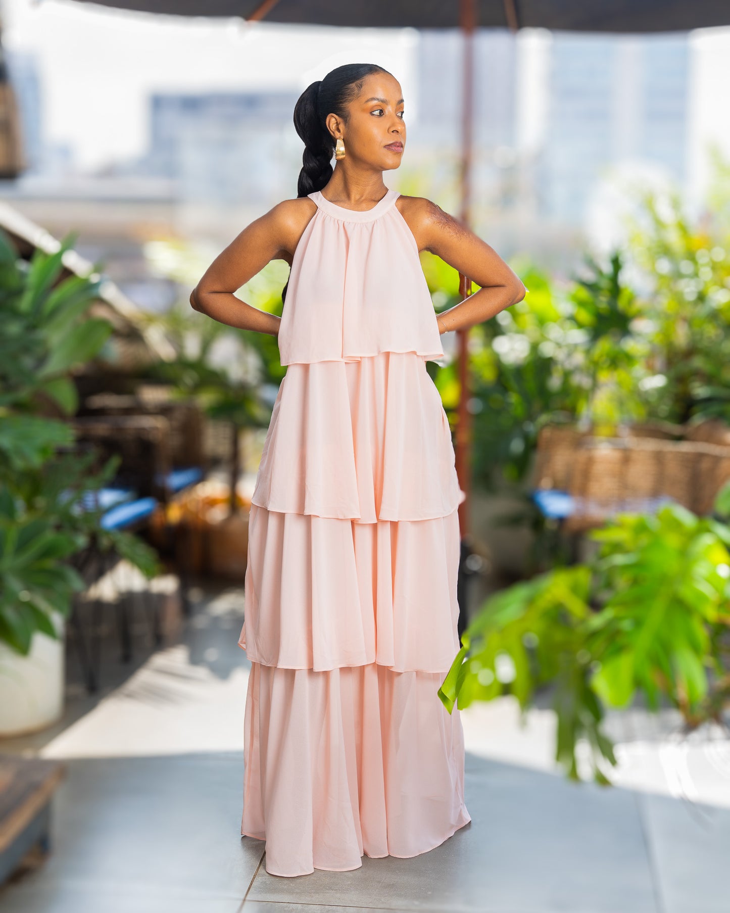 Layered Halter Maxi Dress - Baby Pink