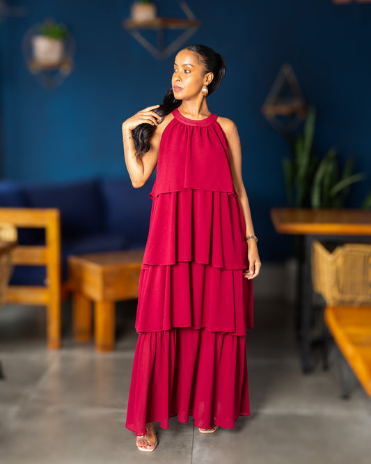 Layered Halter Maxi Dress - Burgundy