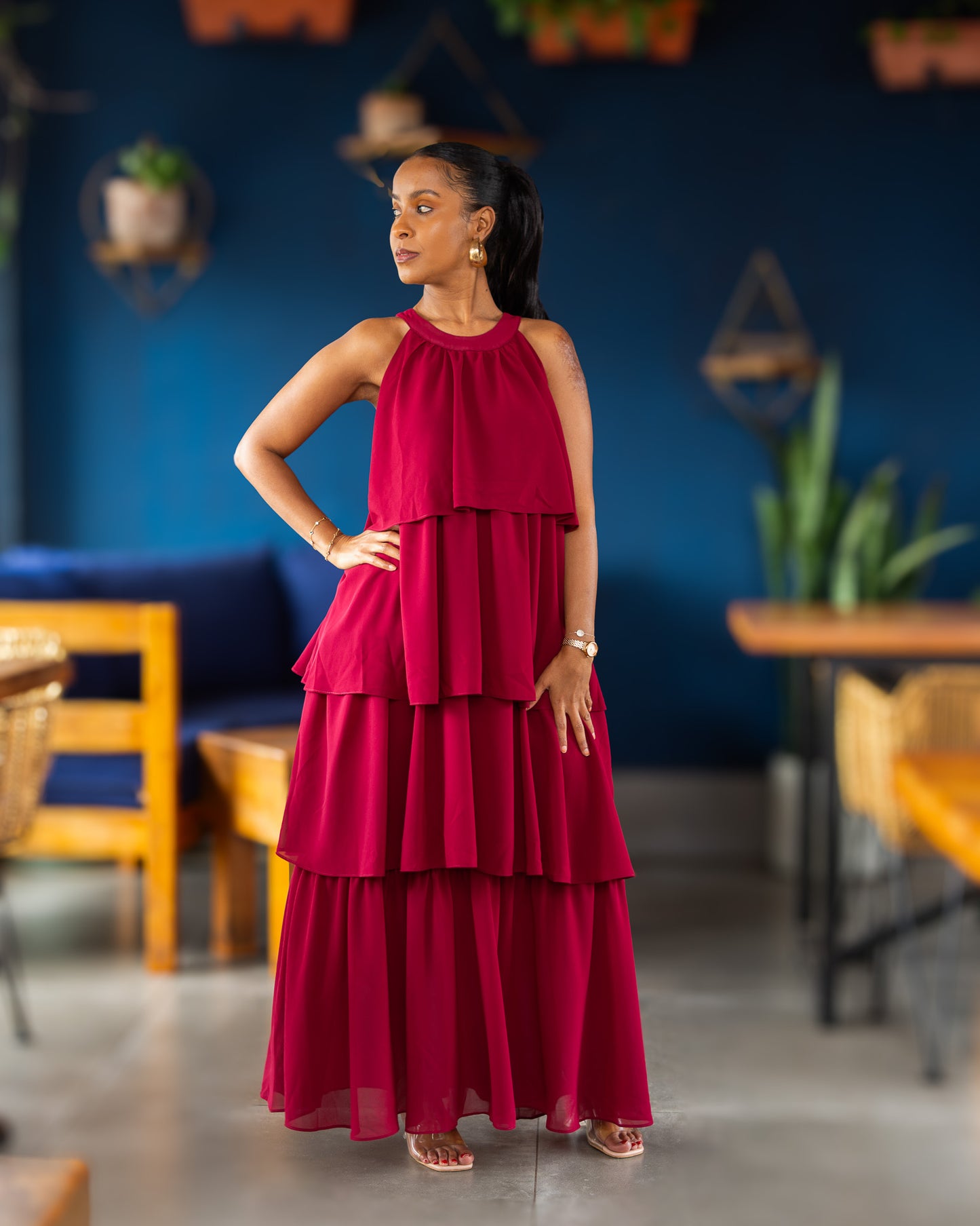 Layered Halter Maxi Dress - Burgundy