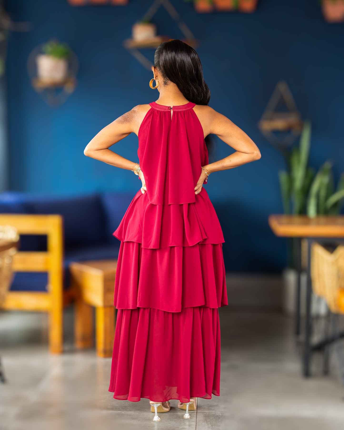 Layered Halter Maxi Dress - Burgundy