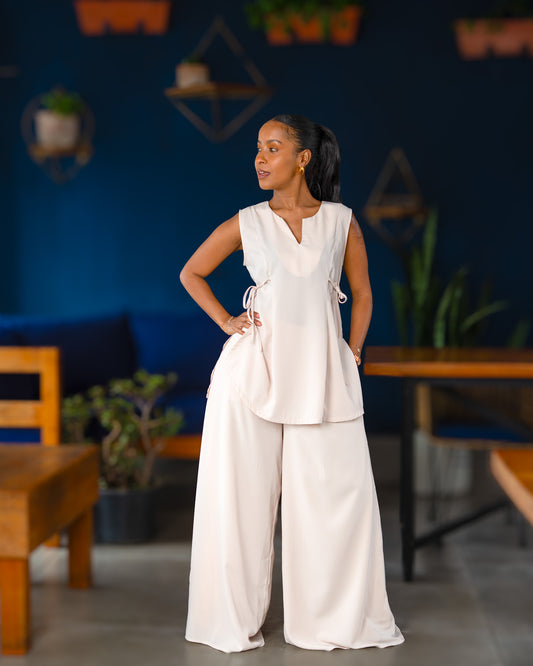 Sleeveless Top with Side Ties & Ultra Flowy Wide Leg Pants - Light Beige