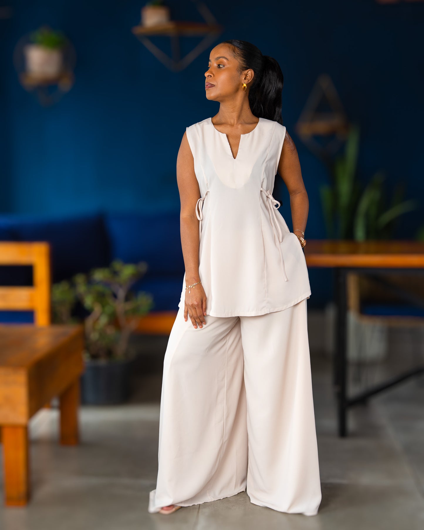 Sleeveless Top with Side Ties & Ultra Flowy Wide Leg Pants - Light Beige