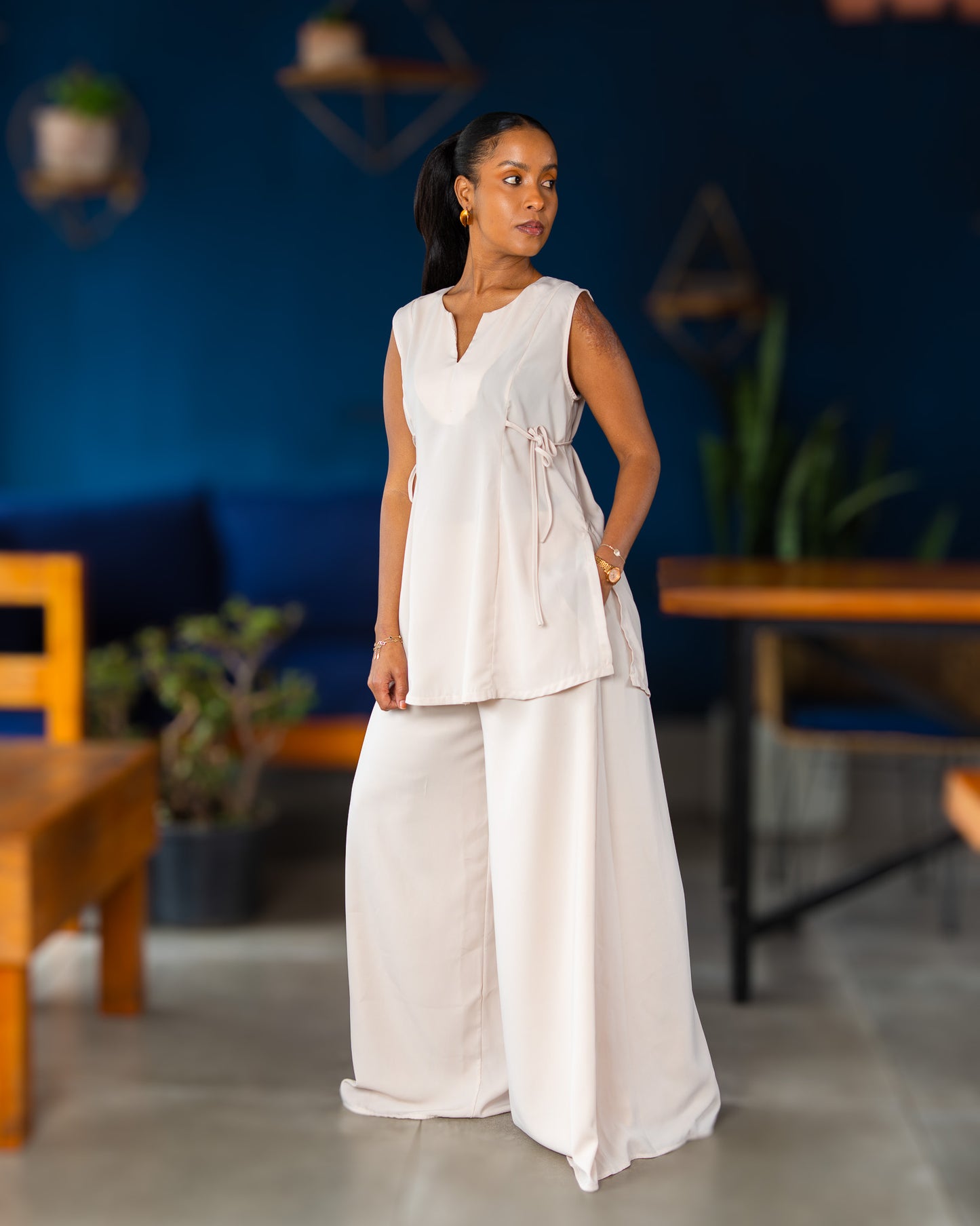Sleeveless Top with Side Ties & Ultra Flowy Wide Leg Pants - Light Beige