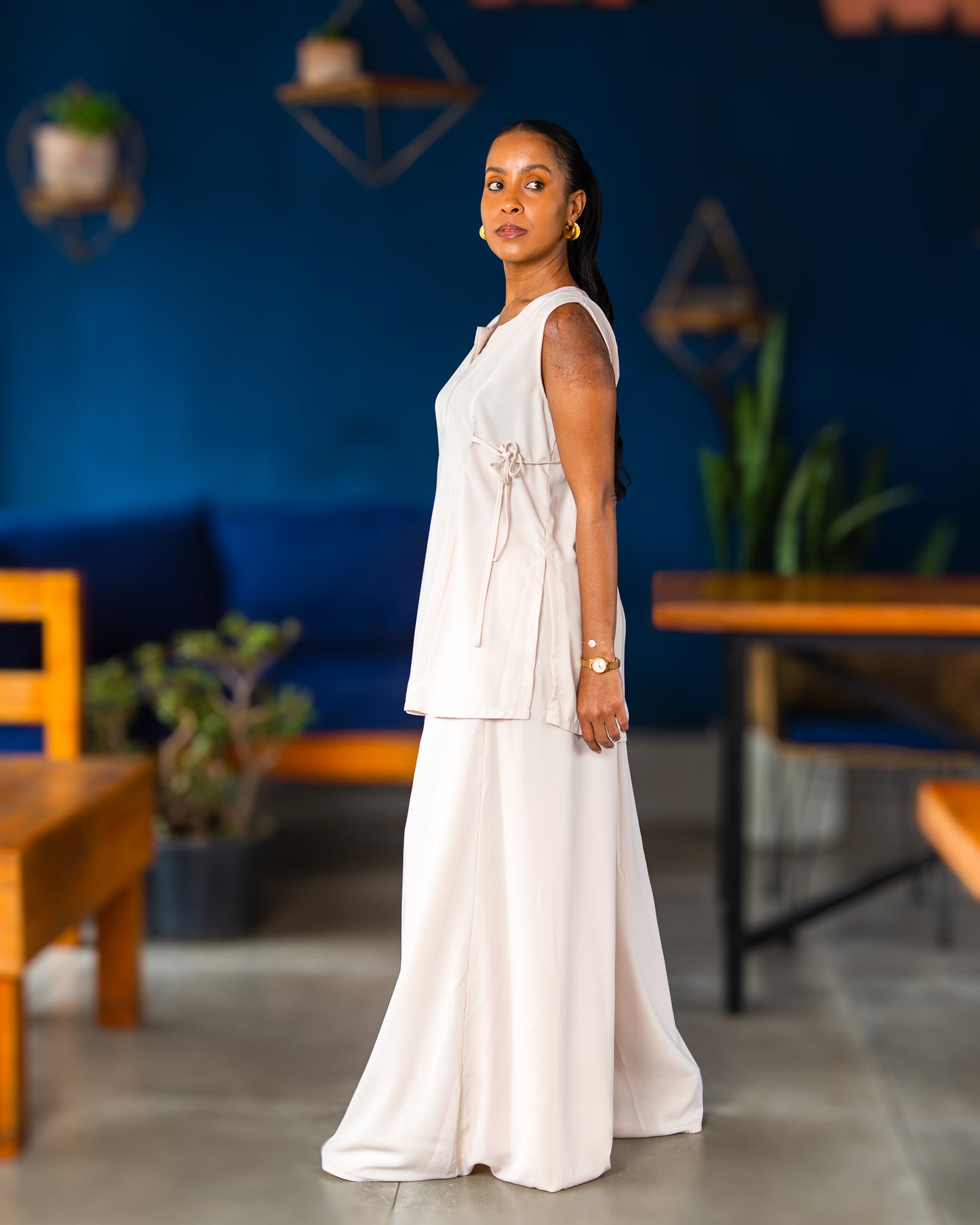 Sleeveless Top with Side Ties & Ultra Flowy Wide Leg Pants - Light Beige