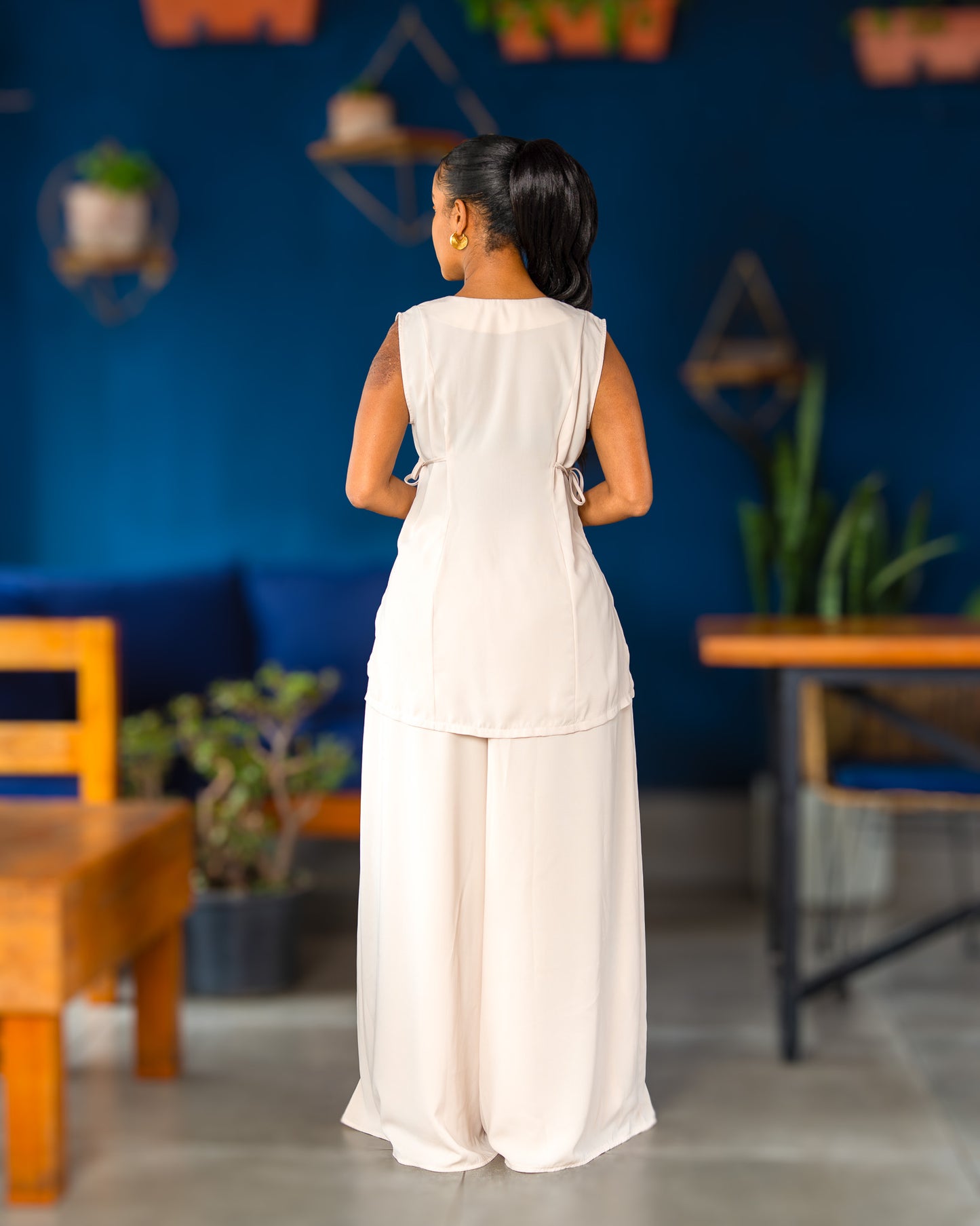 Sleeveless Top with Side Ties & Ultra Flowy Wide Leg Pants - Light Beige