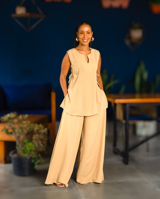 Sleeveless Top with Side Ties & Ultra Flowy Wide Leg Pants - Honey Beige