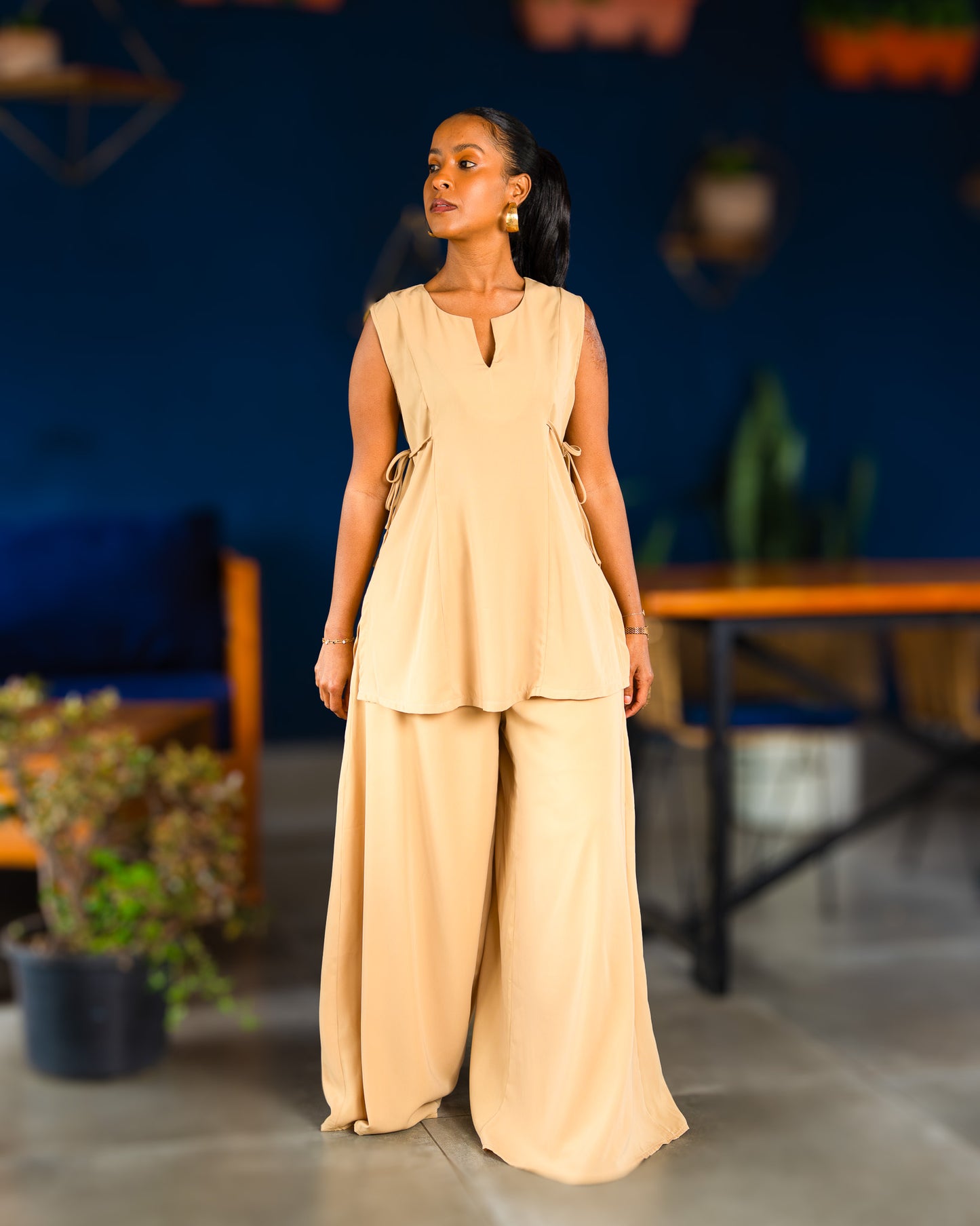 Sleeveless Top with Side Ties & Ultra Flowy Wide Leg Pants - Honey Beige