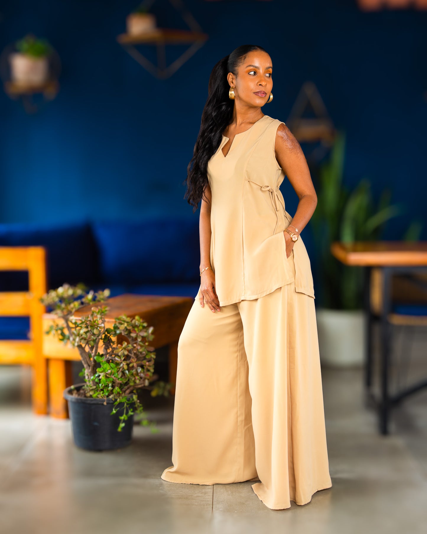 Sleeveless Top with Side Ties & Ultra Flowy Wide Leg Pants - Honey Beige