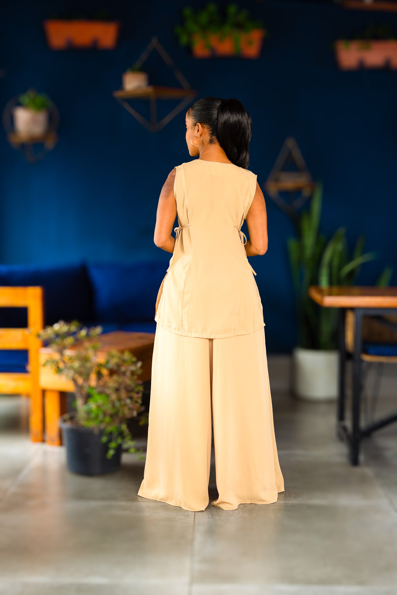 Sleeveless Top with Side Ties & Ultra Flowy Wide Leg Pants - Honey Beige