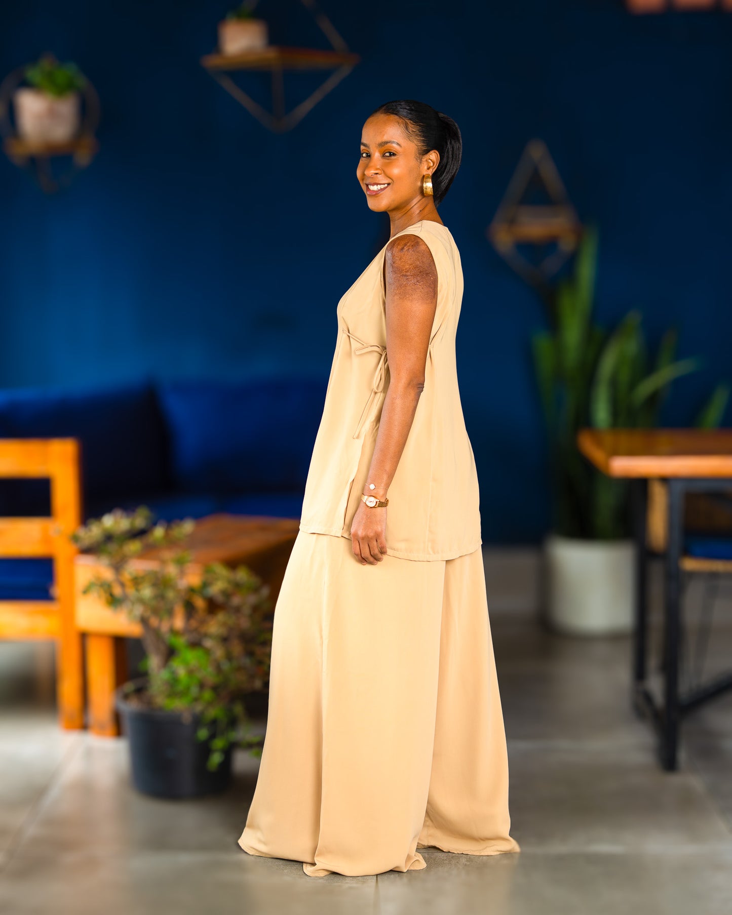 Sleeveless Top with Side Ties & Ultra Flowy Wide Leg Pants - Honey Beige