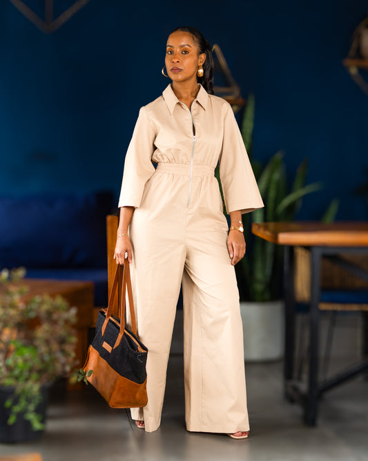 Zip Front Utility Jumpsuit - Soft Beige