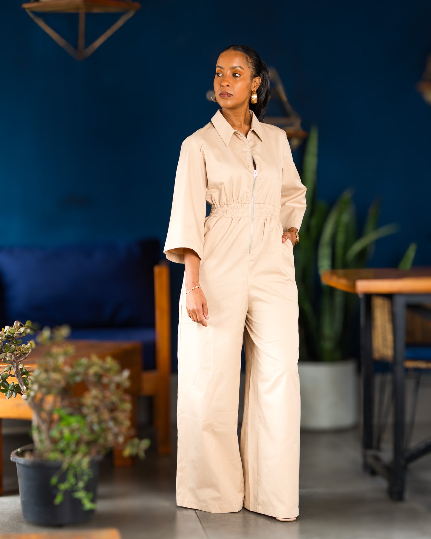 Zip Front Utility Jumpsuit - Soft Beige