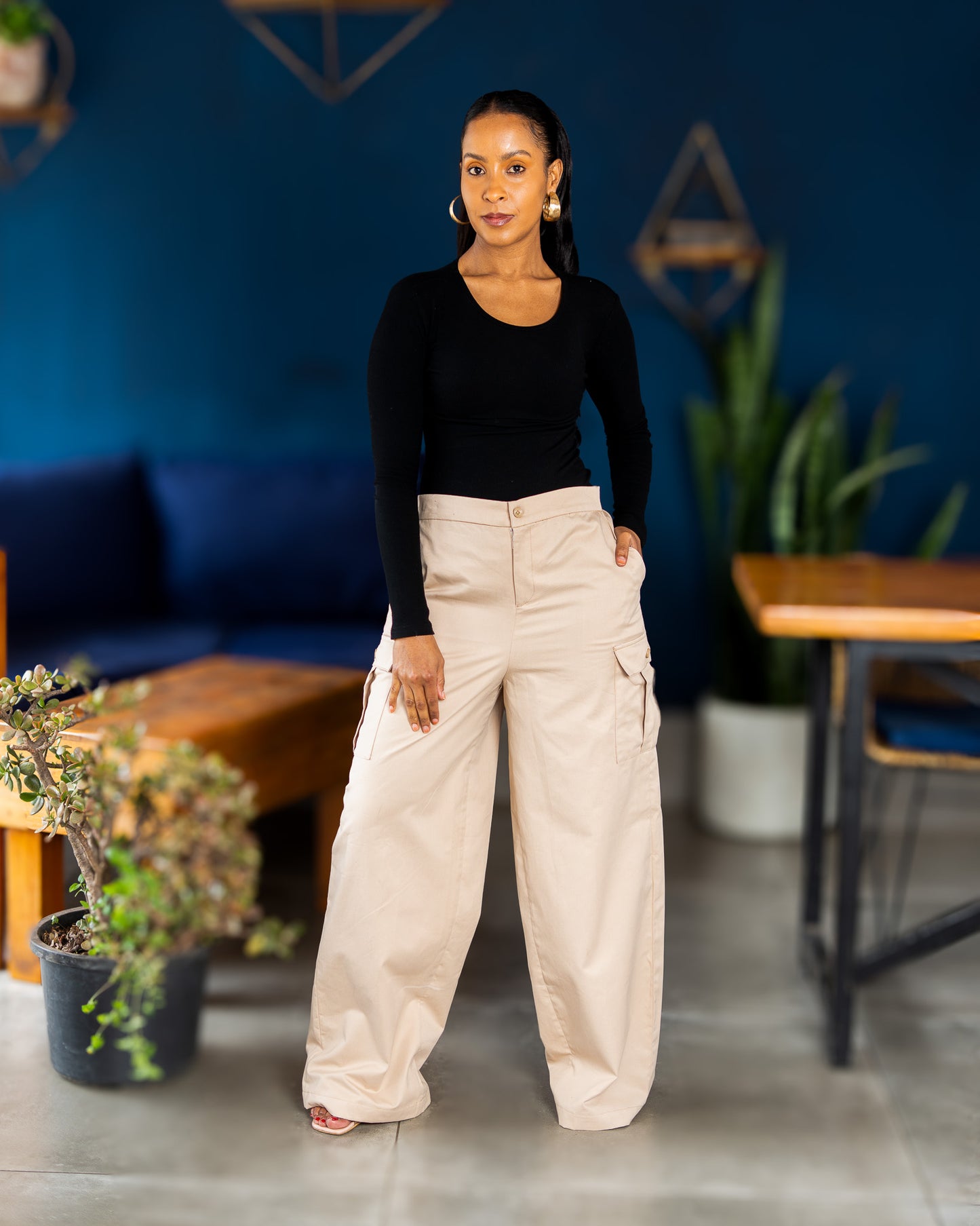 Wide Leg Cargo Pants - Soft Beige
