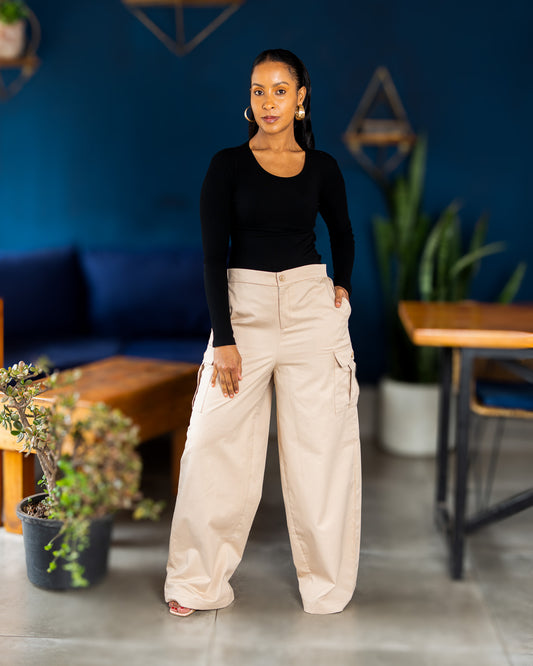 Wide Leg Cargo Pants - Soft Beige