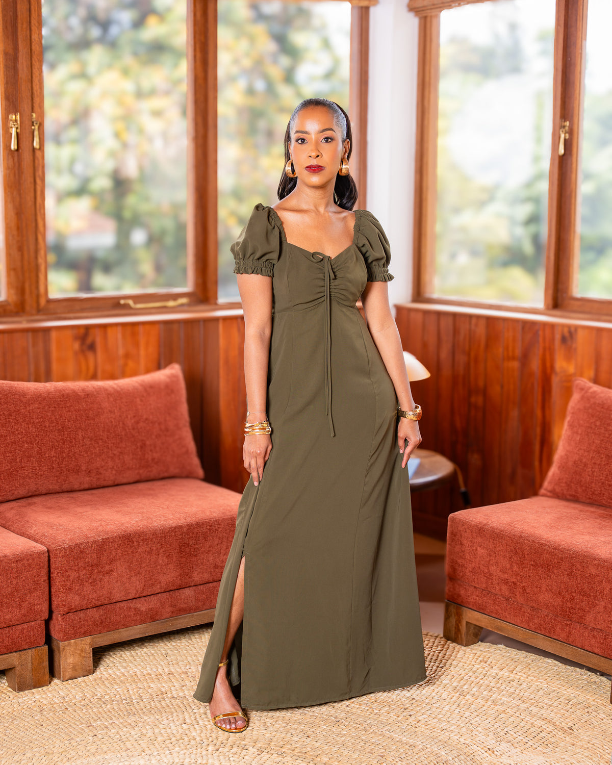 Square Neck Shirred Back Maxi Dress - Olive Green