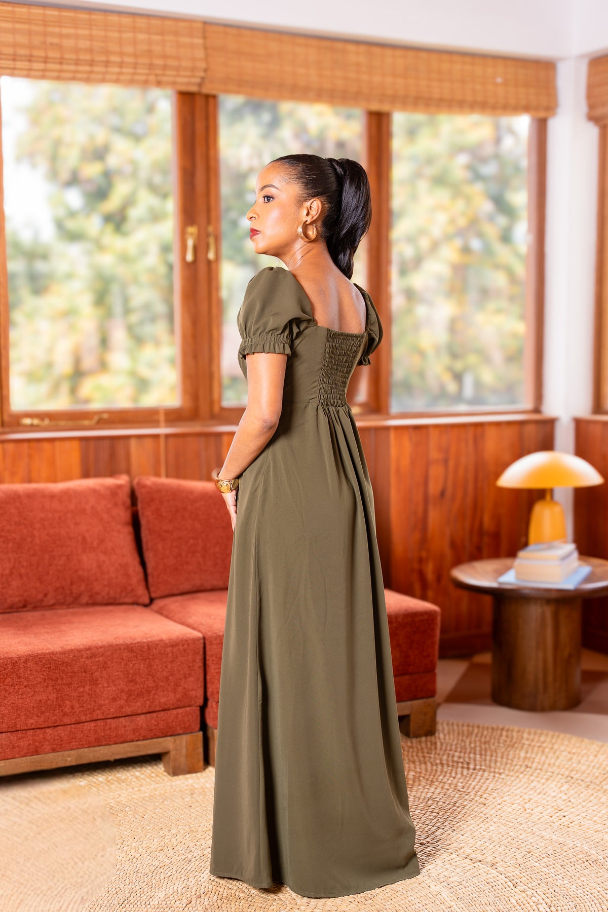 Square Neck Shirred Back Maxi Dress - Olive Green