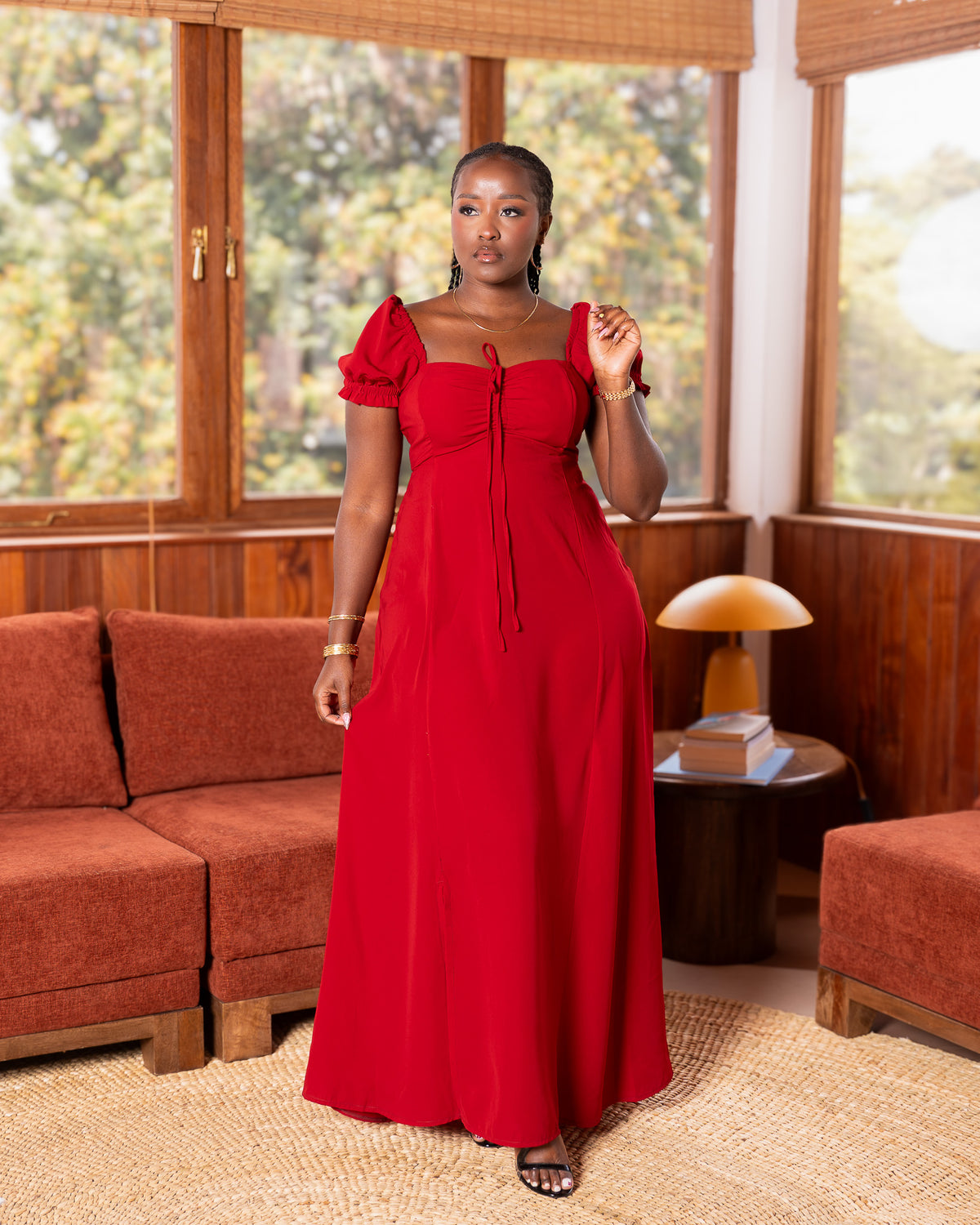Square Neck Shirred Back Maxi Dress - Ruby Red