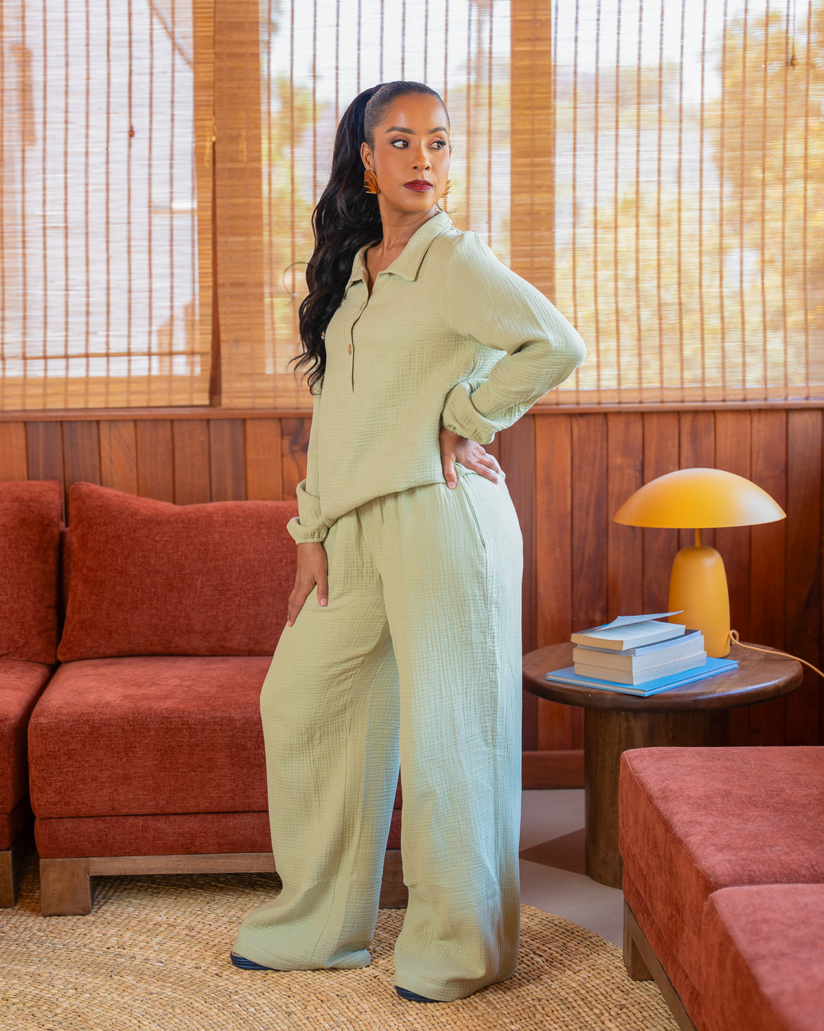 Cotton Gauze Pant Set - Sage Green