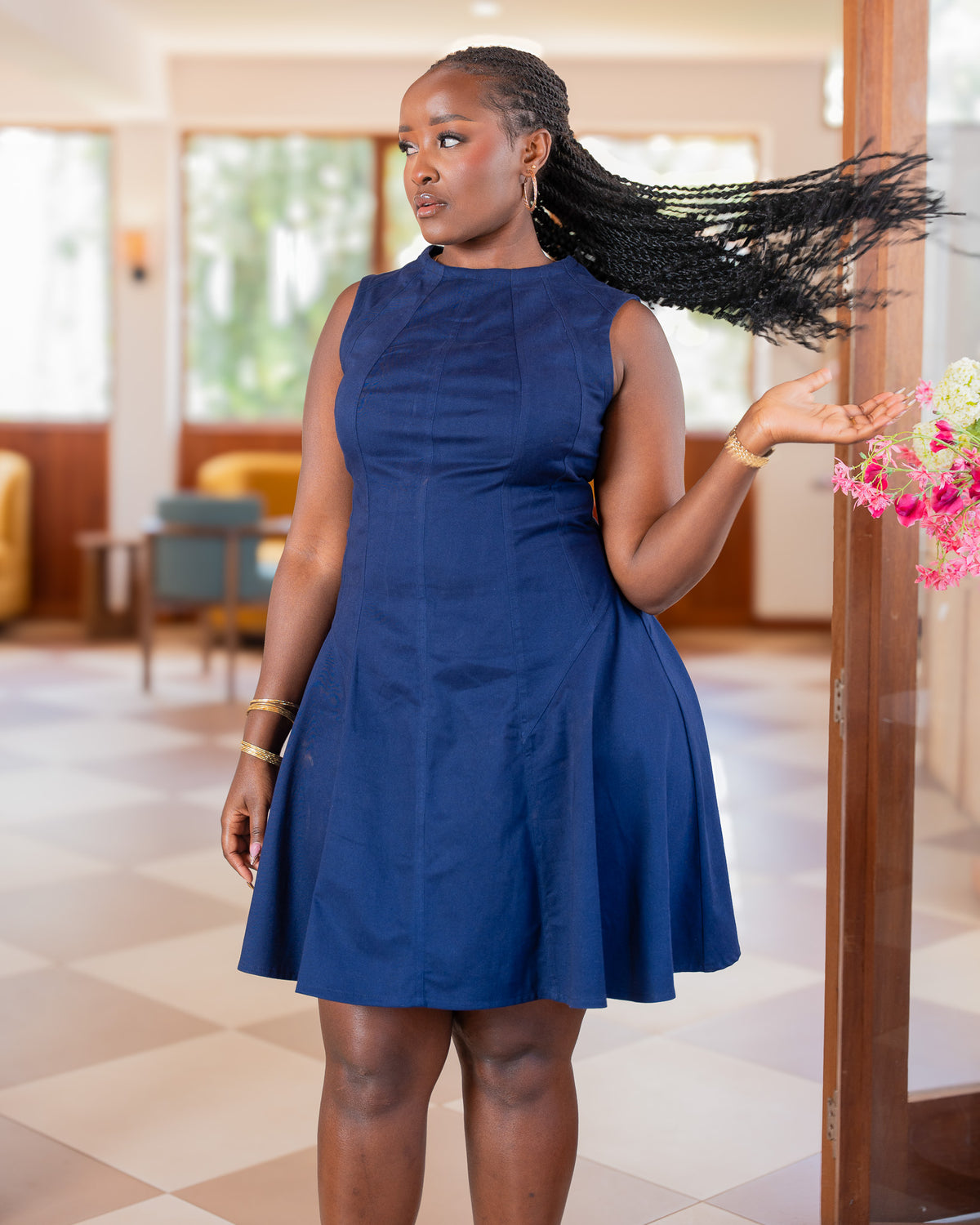 Short Fit & Flare Panelled Dress - Navy Blue