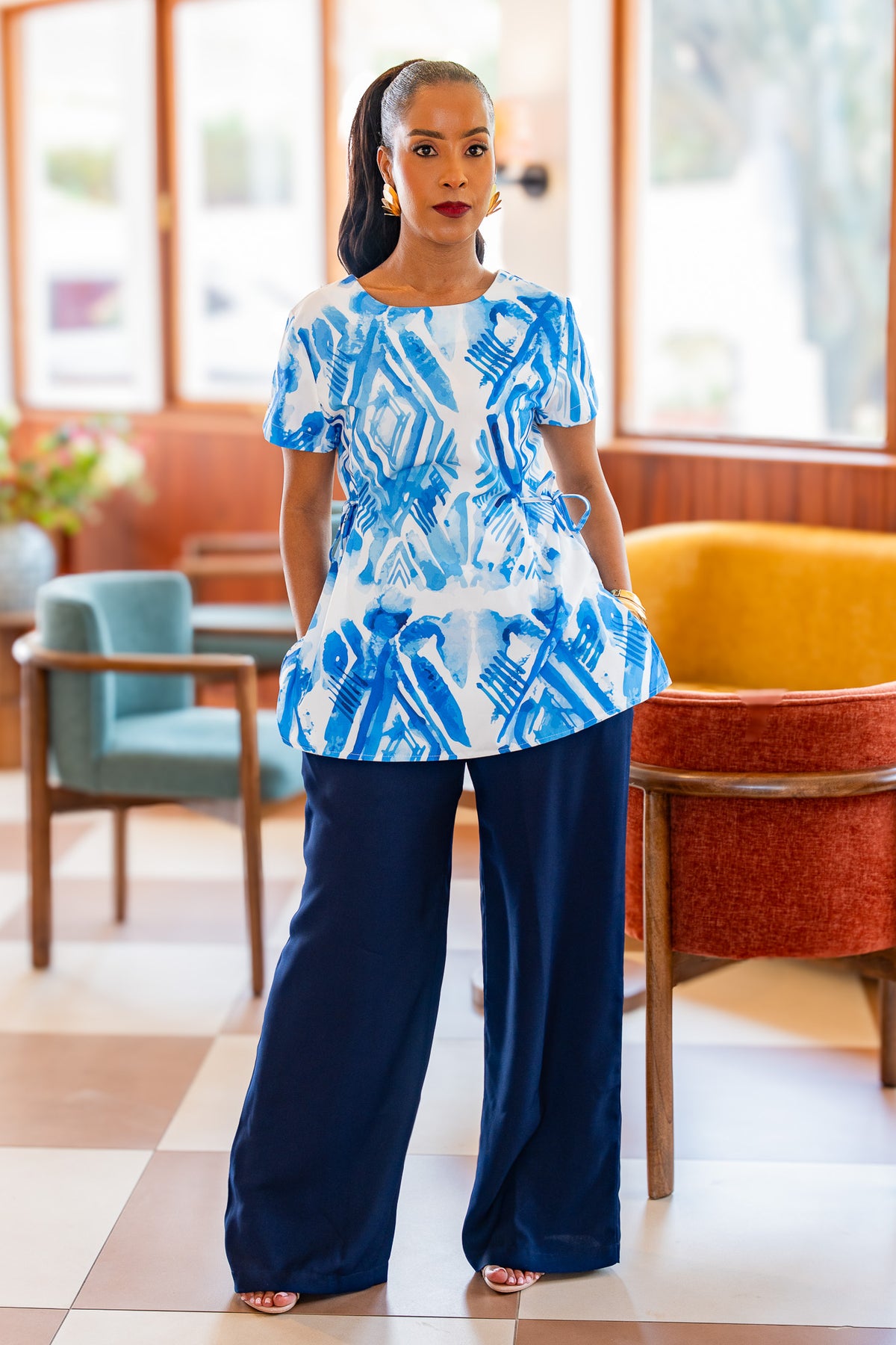 Blue Ikat Print Top & Pant Set