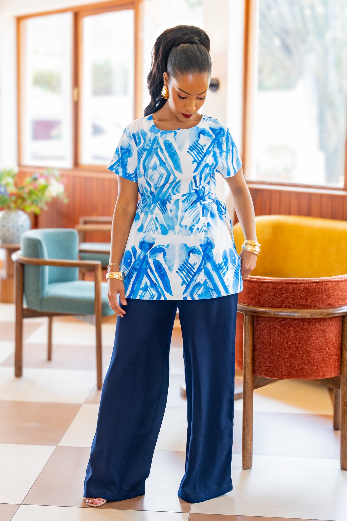 Blue Ikat Print Top & Pant Set