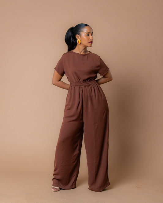 Elastic Waist Short Sleeve Wide-Leg Jumpsuit - Chocolate Brown