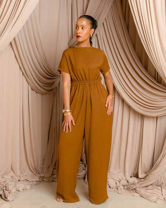Elastic Waist Short Sleeve Wide-Leg Jumpsuit - Olive Brown