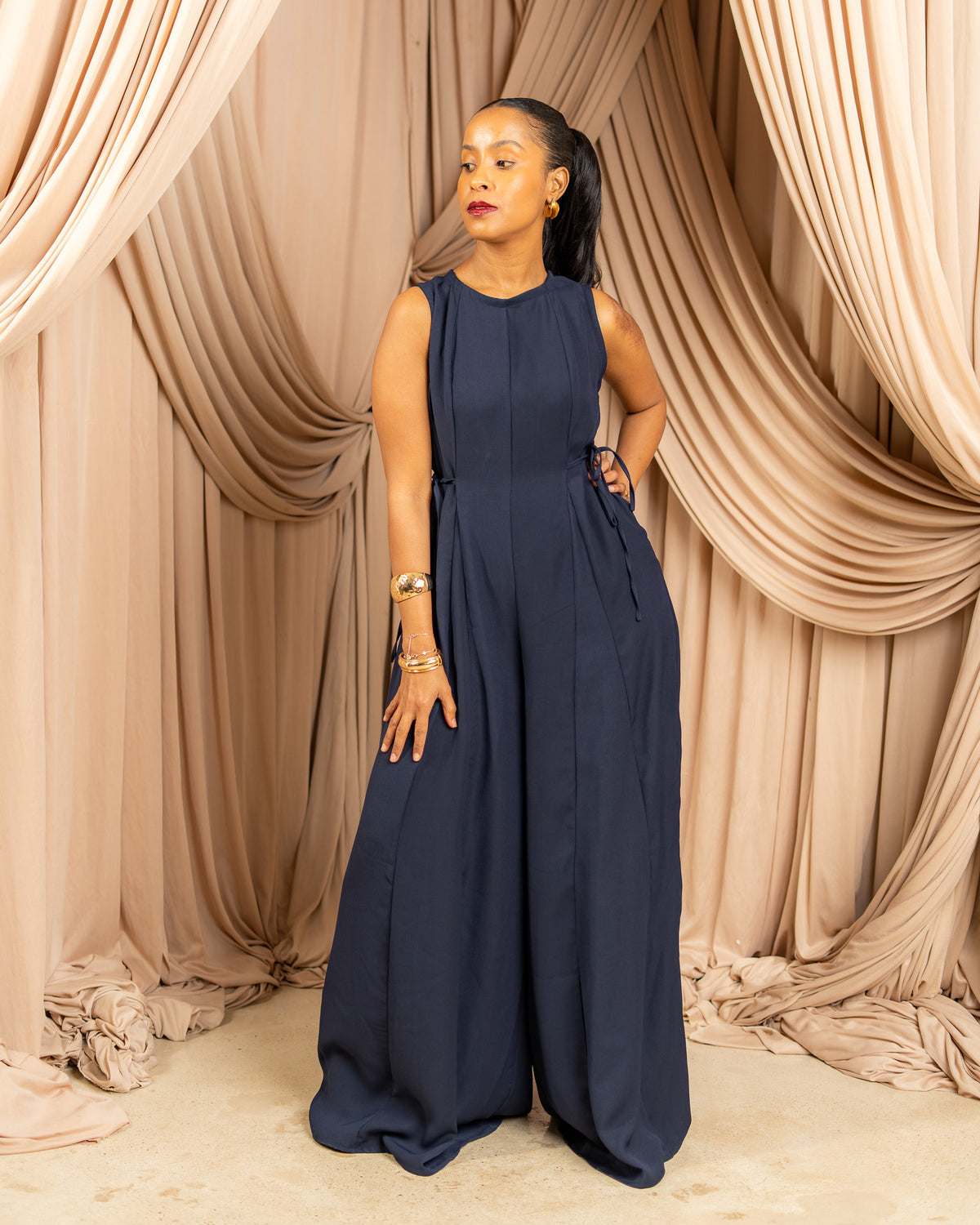 Flowy Side Tie Sleeveless Jumpsuit - Navy Blue