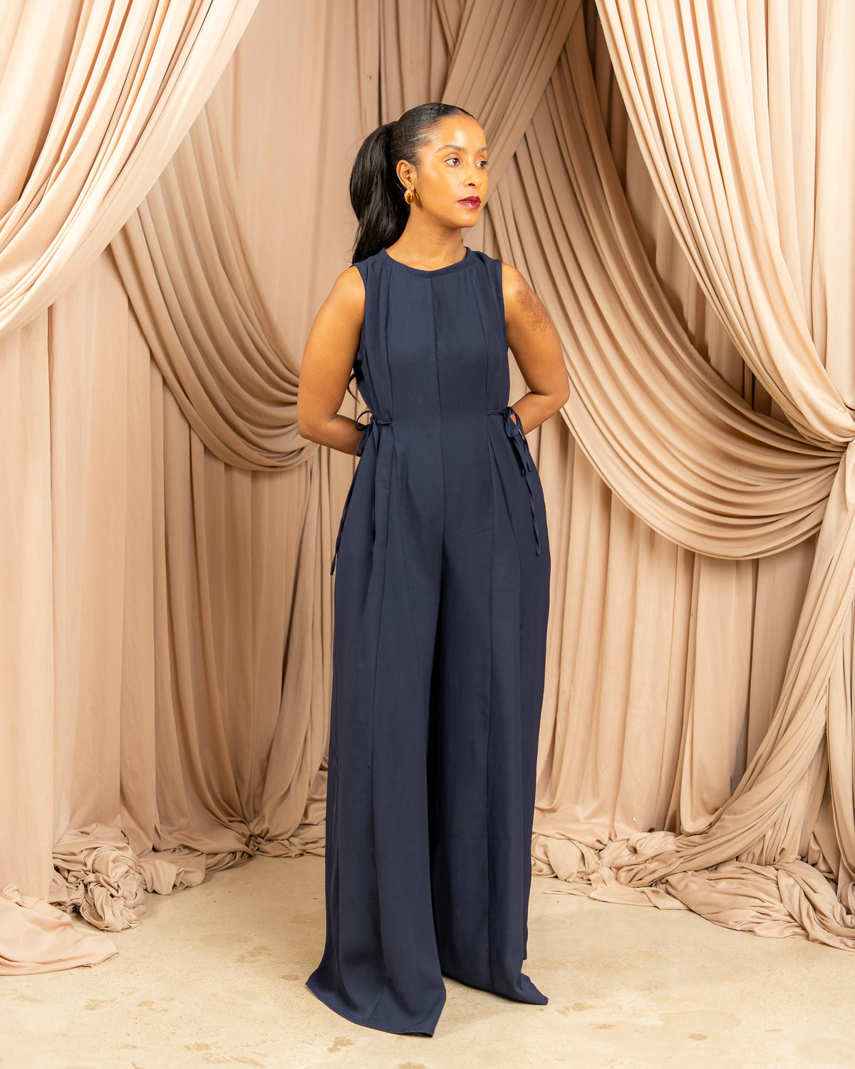 Flowy Side Tie Sleeveless Jumpsuit - Navy Blue