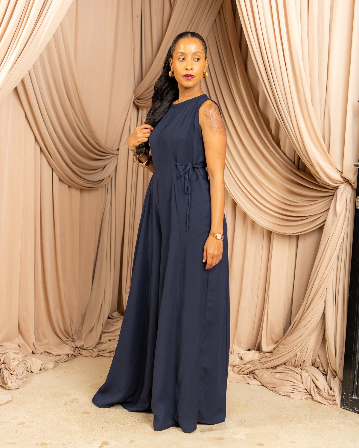 Flowy Side Tie Sleeveless Jumpsuit - Navy Blue
