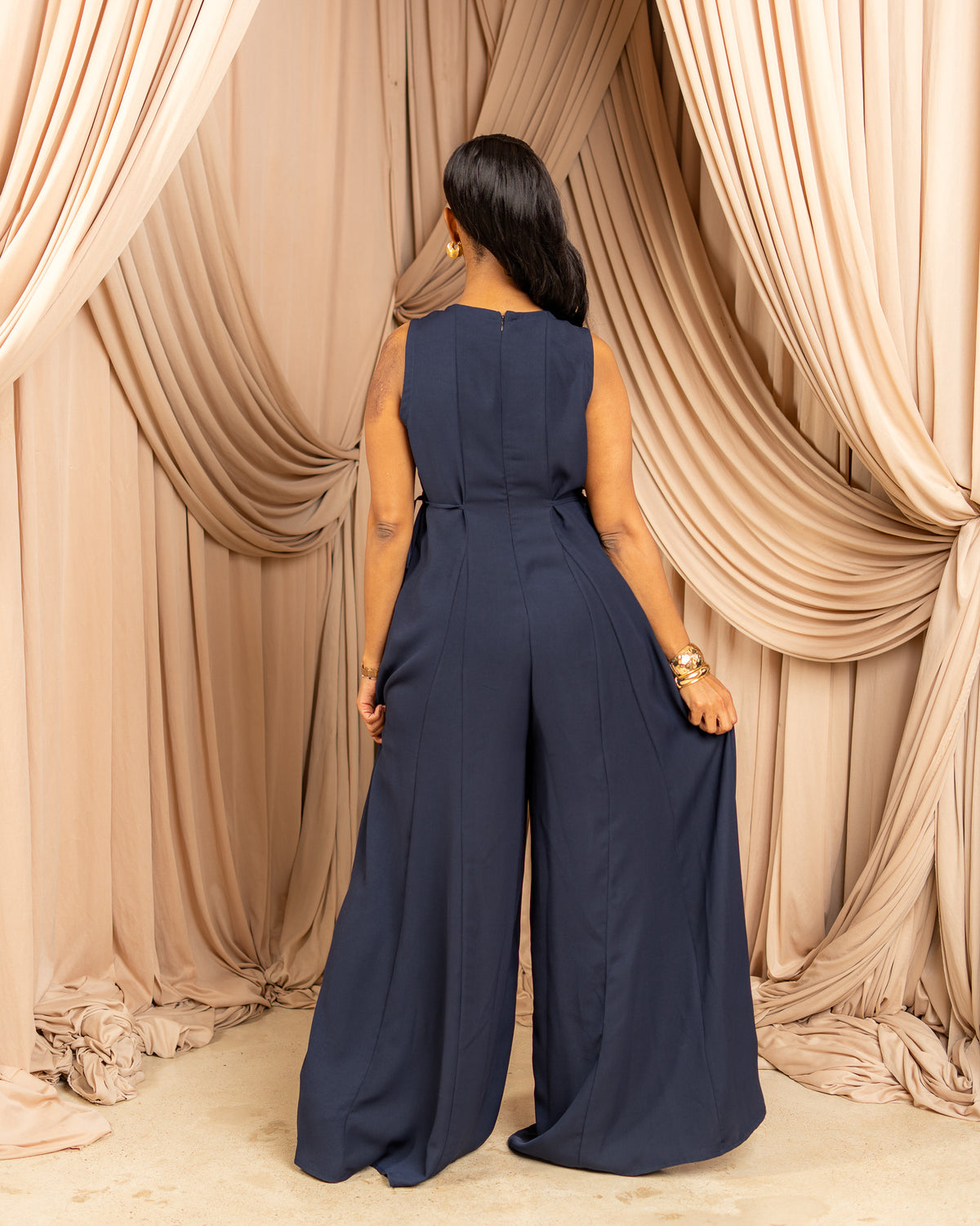 Flowy Side Tie Sleeveless Jumpsuit - Navy Blue