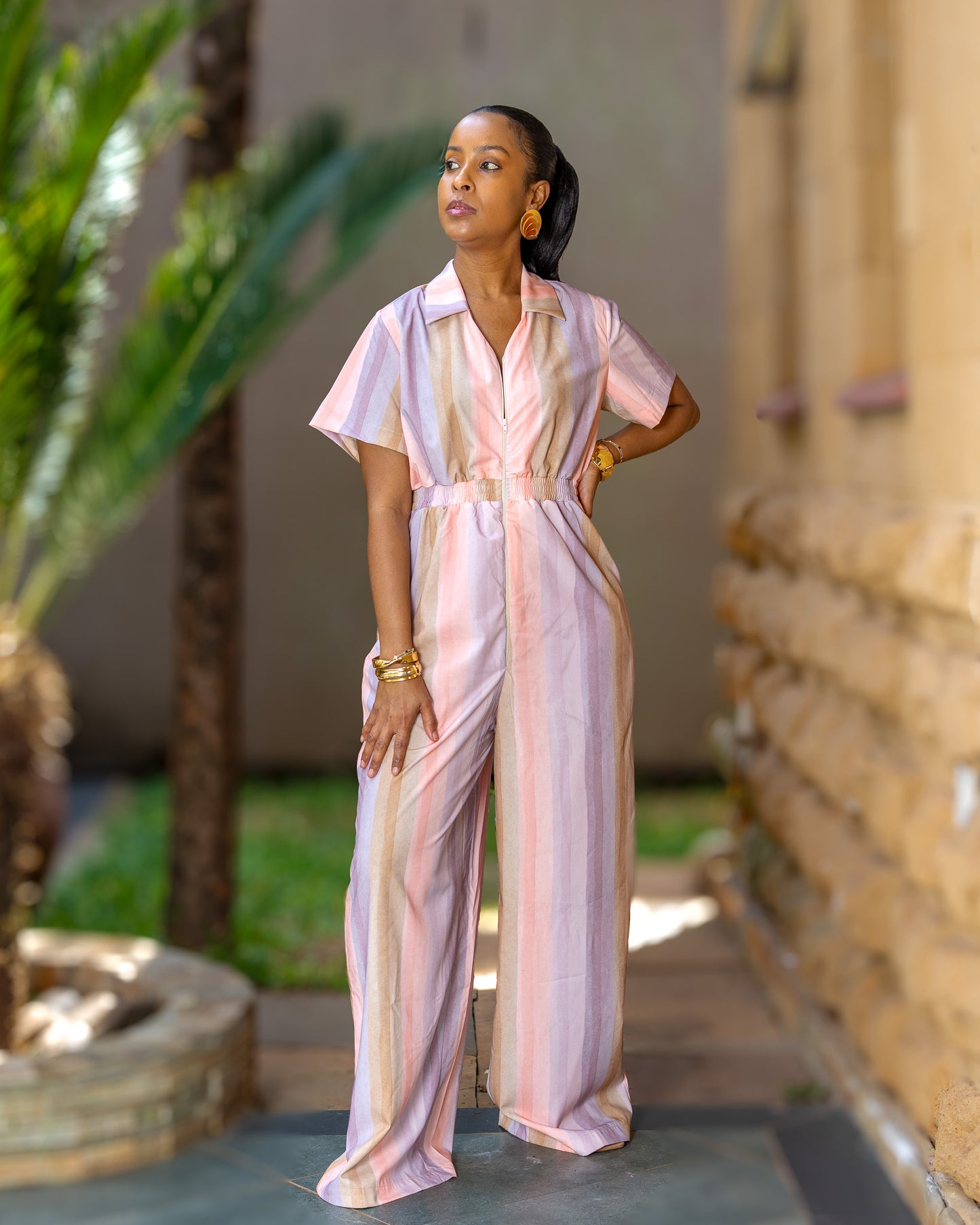 Short Sleeve Zipped Jumpsuit - Pastel