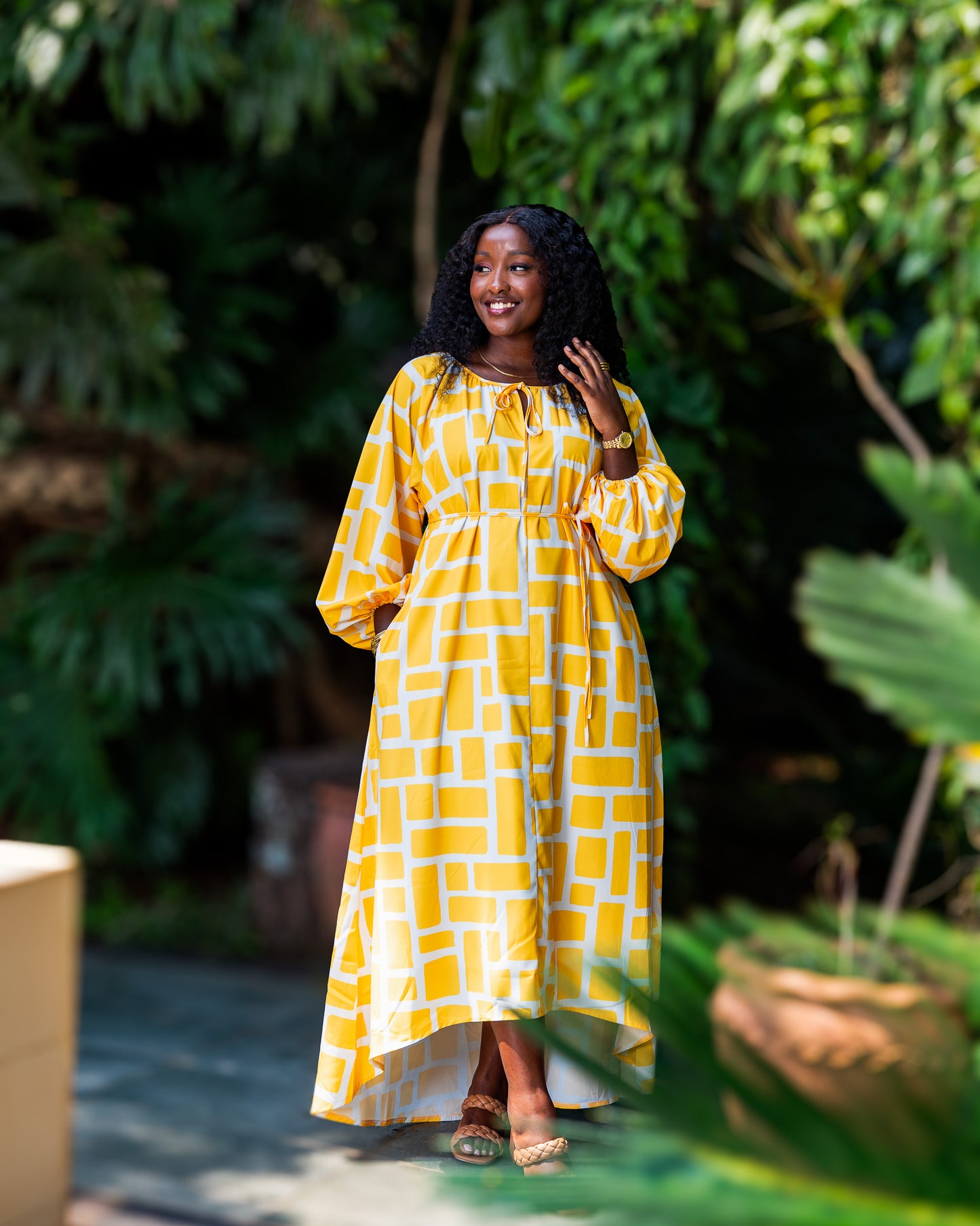 Balloon Sleeve High Low Maxi Dress – Yellow Mosaic