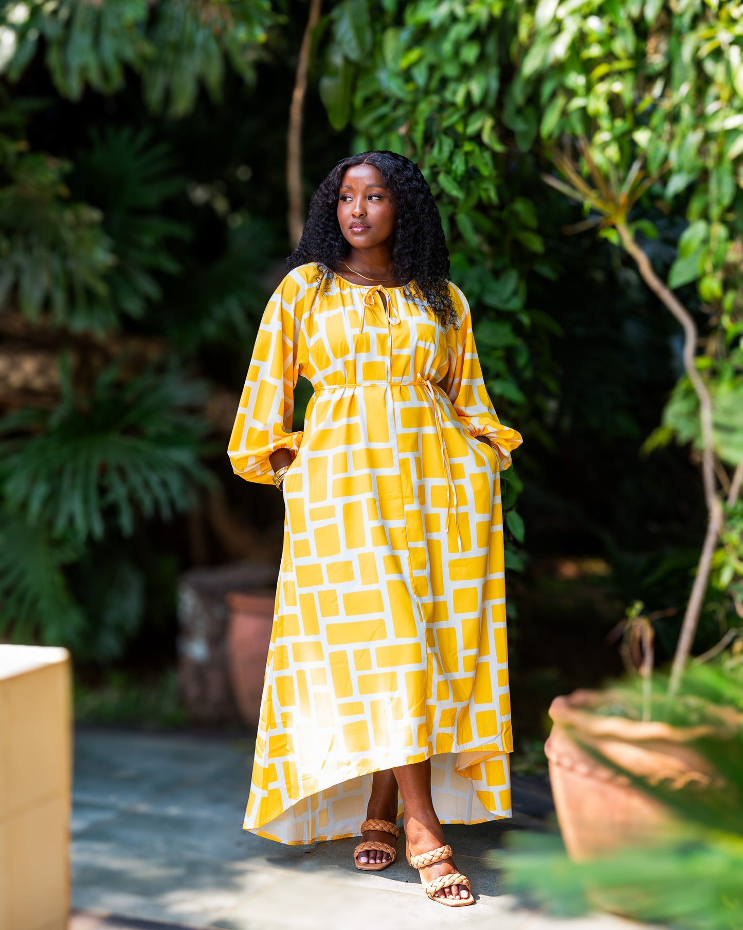 Balloon Sleeve High Low Maxi Dress – Yellow Mosaic