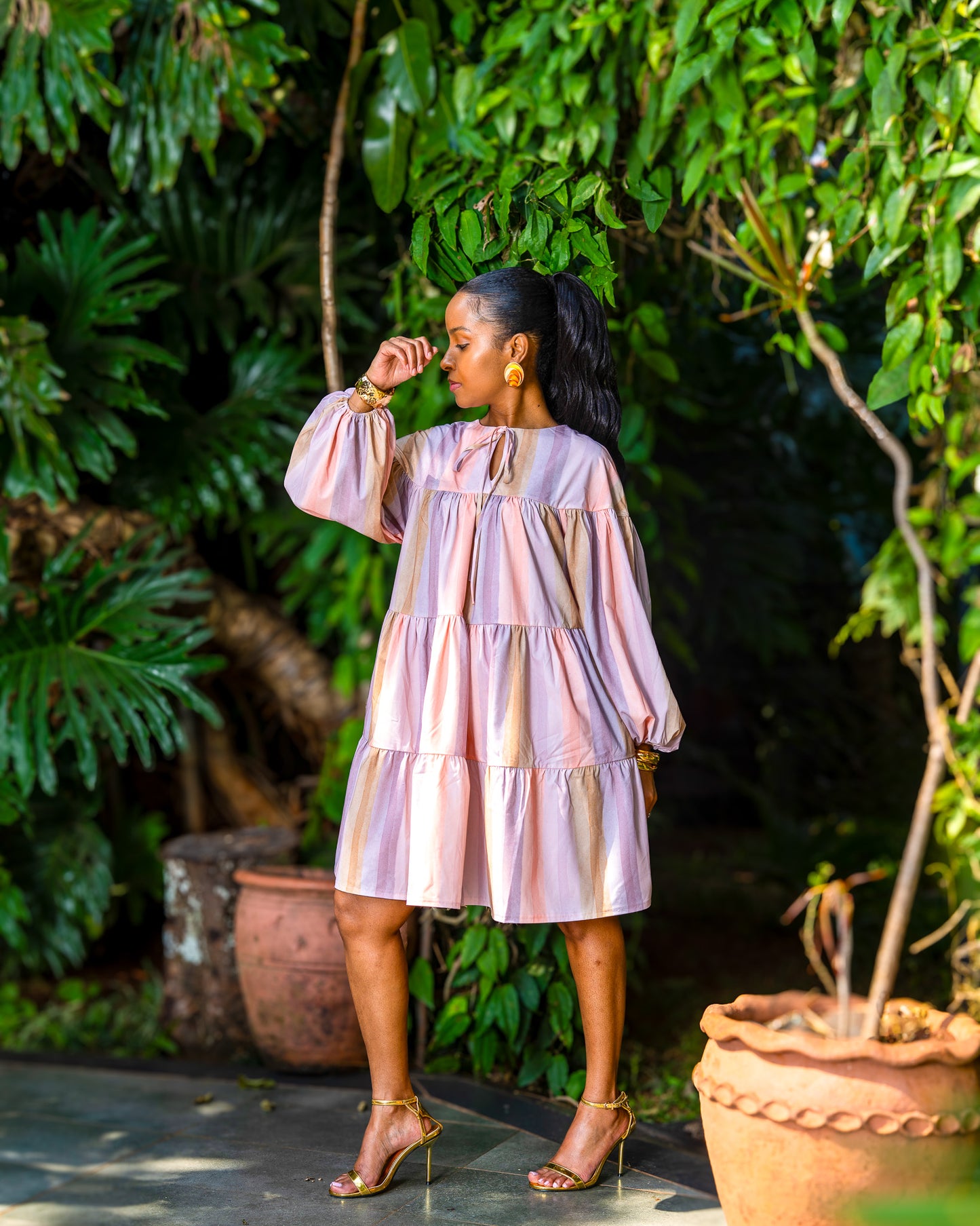 Tiered Balloon Sleeve Dress - Pastel