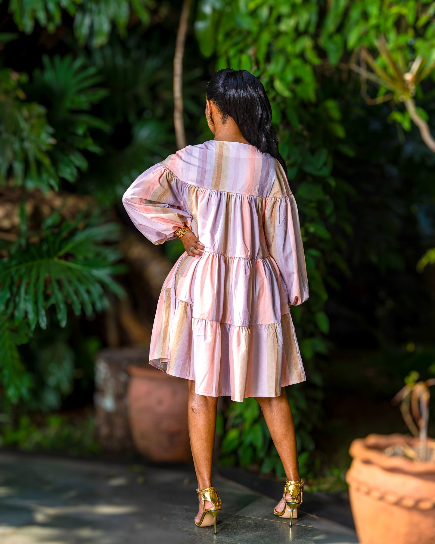 Tiered Balloon Sleeve Dress - Pastel
