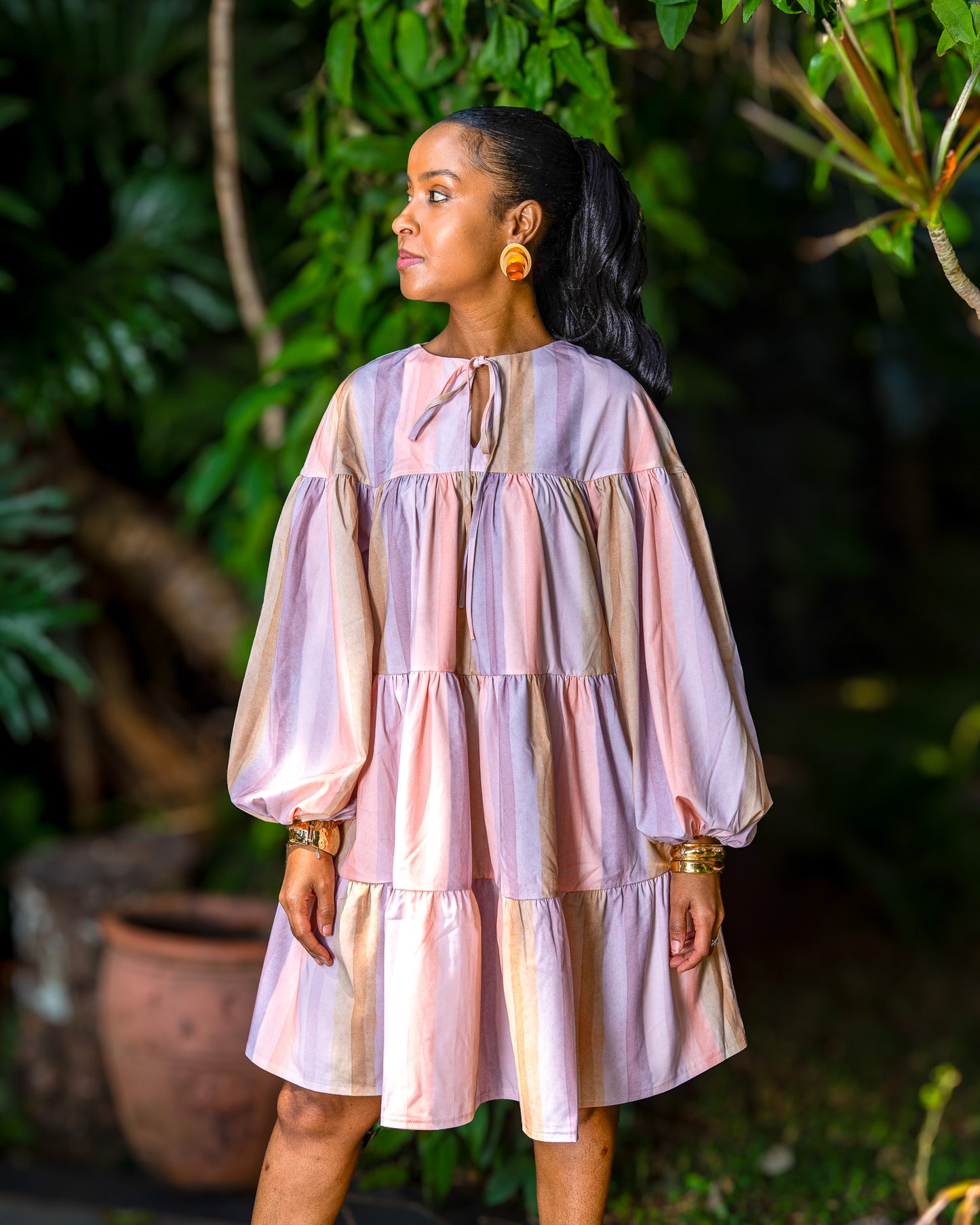 Tiered Balloon Sleeve Dress - Pastel