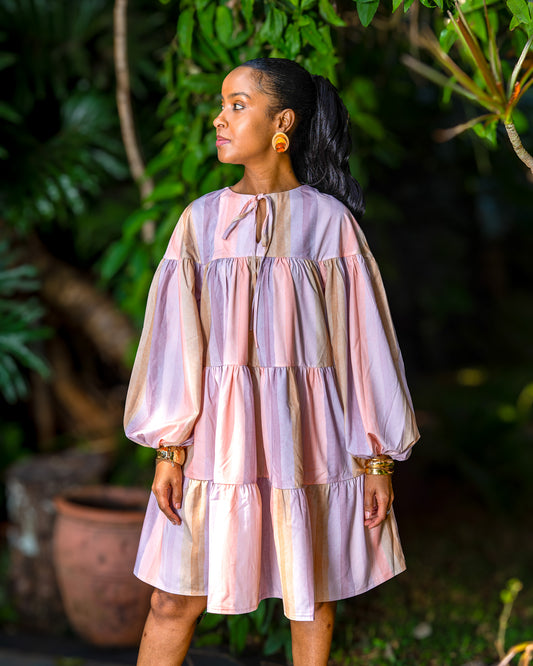 Tiered Balloon Sleeve Dress - Pastel