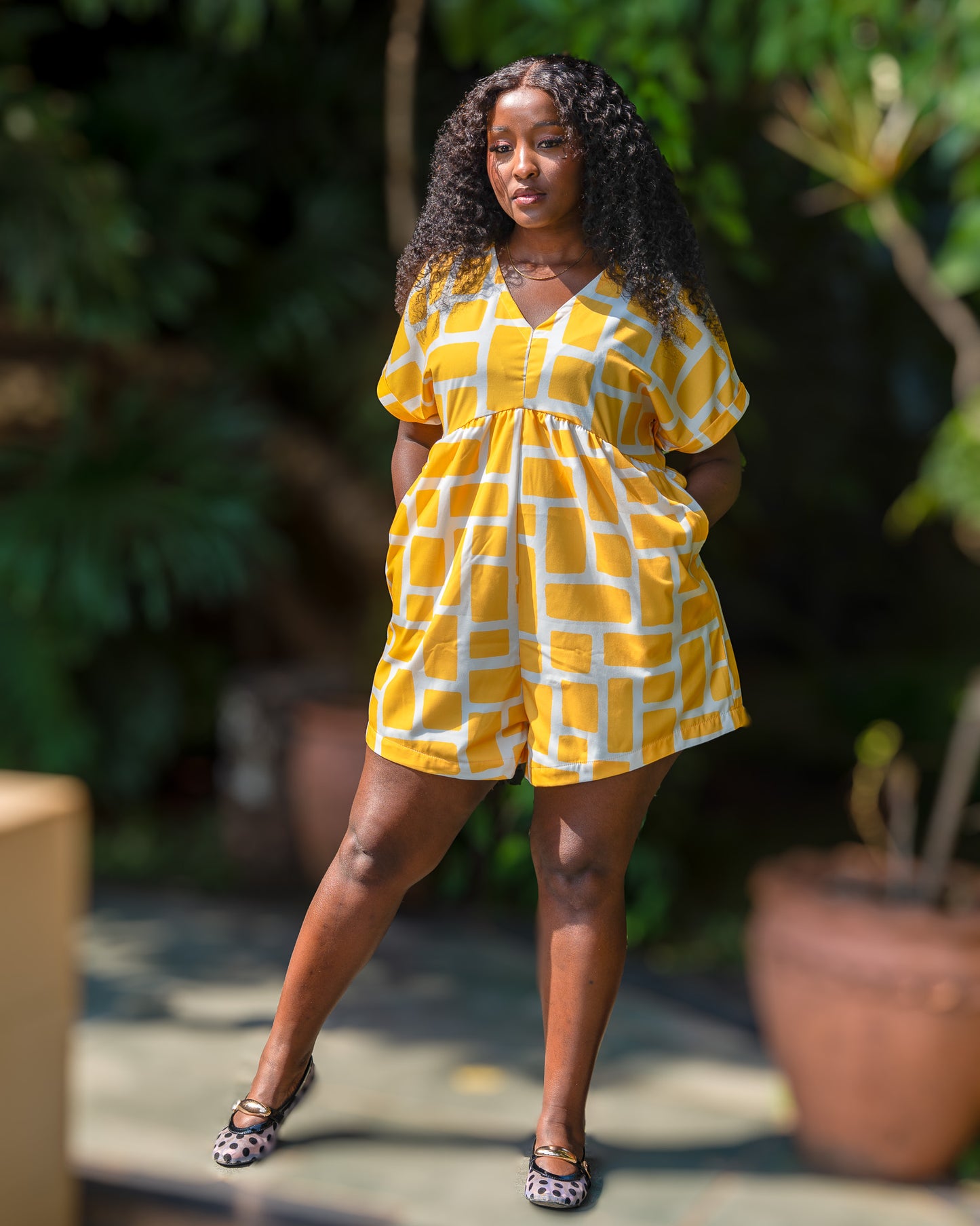 Batwing Sleeve Romper - Yellow Mosaic
