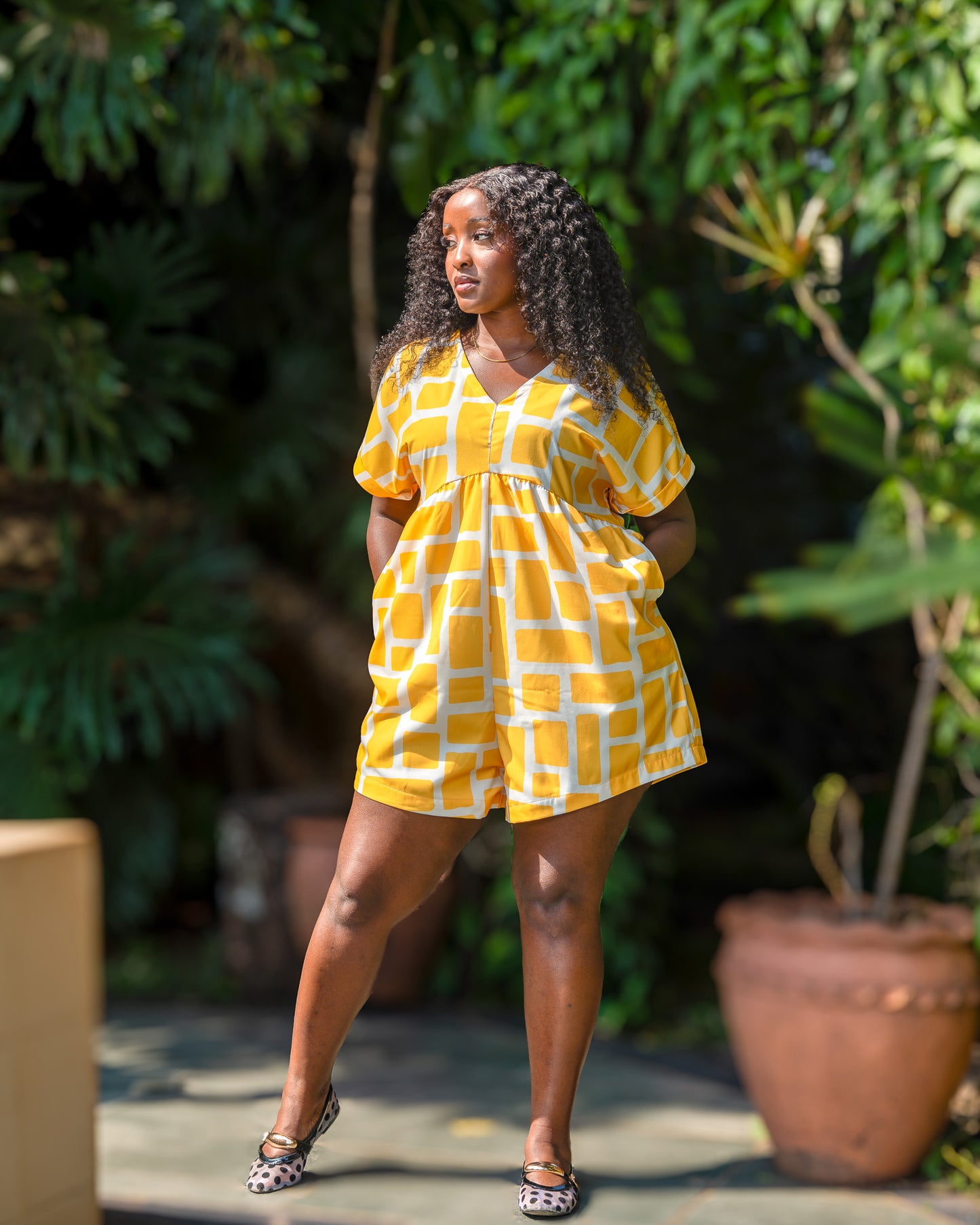 Batwing Sleeve Romper - Yellow Mosaic