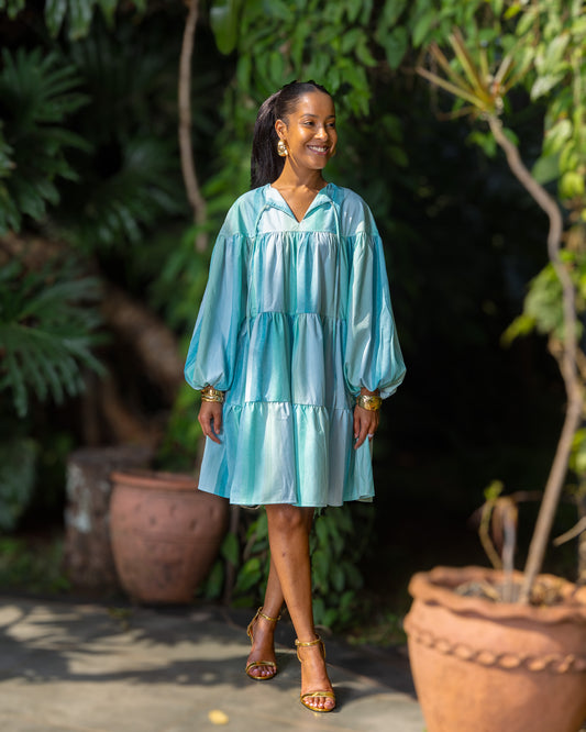 Tiered Balloon Sleeve Dress - Aqua