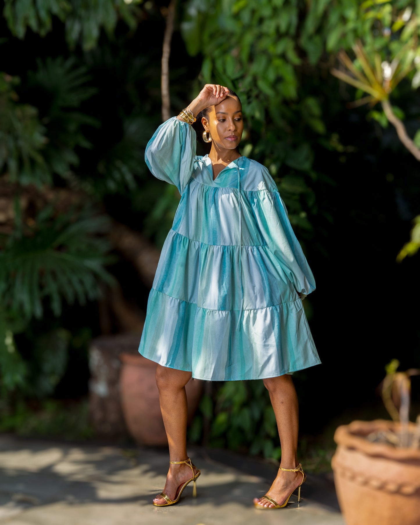 Tiered Balloon Sleeve Dress - Aqua