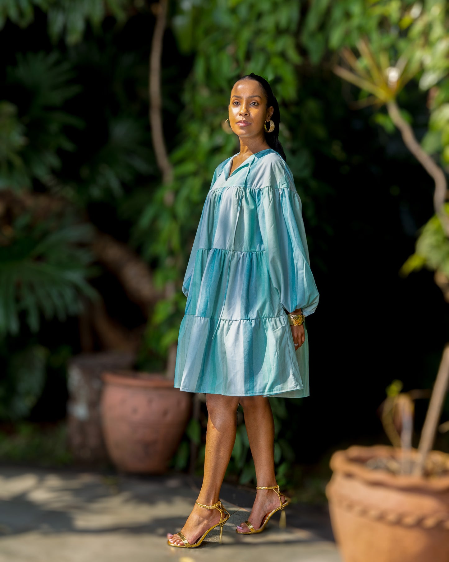 Tiered Balloon Sleeve Dress - Aqua
